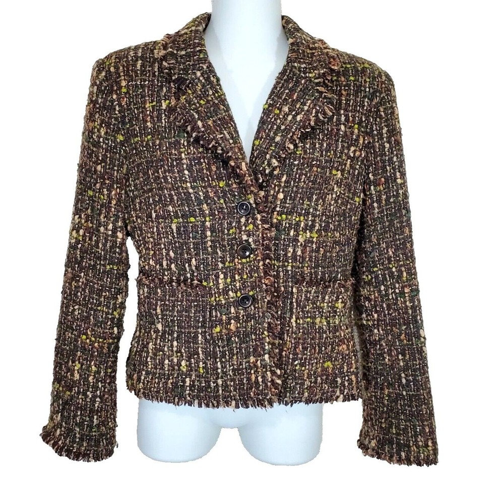 J Jill Blazer Jacket 4 Petite Tweed Wool Suit Brown Boucle Lined Button Career